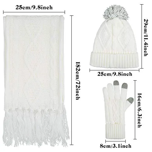 Hat Glove Scarf Set Women, 3 in 1 Beanie Hat and Scarf Winter Set Knit Warm Winter Gift Set for Women Girls (Cream)