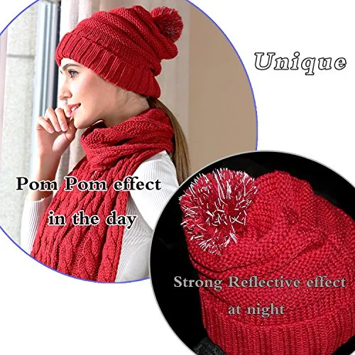 Hat Glove Scarf Set Women, 3 in 1 Beanie Hat and Scarf Winter Set Knit Warm Winter Gift Set for Women Girls (Wine Red)