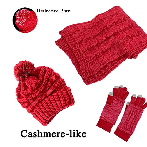 Hat Glove Scarf Set Women, 3 in 1 Beanie Hat and Scarf Winter Set Knit Warm Winter Gift Set for Women Girls (Wine Red)
