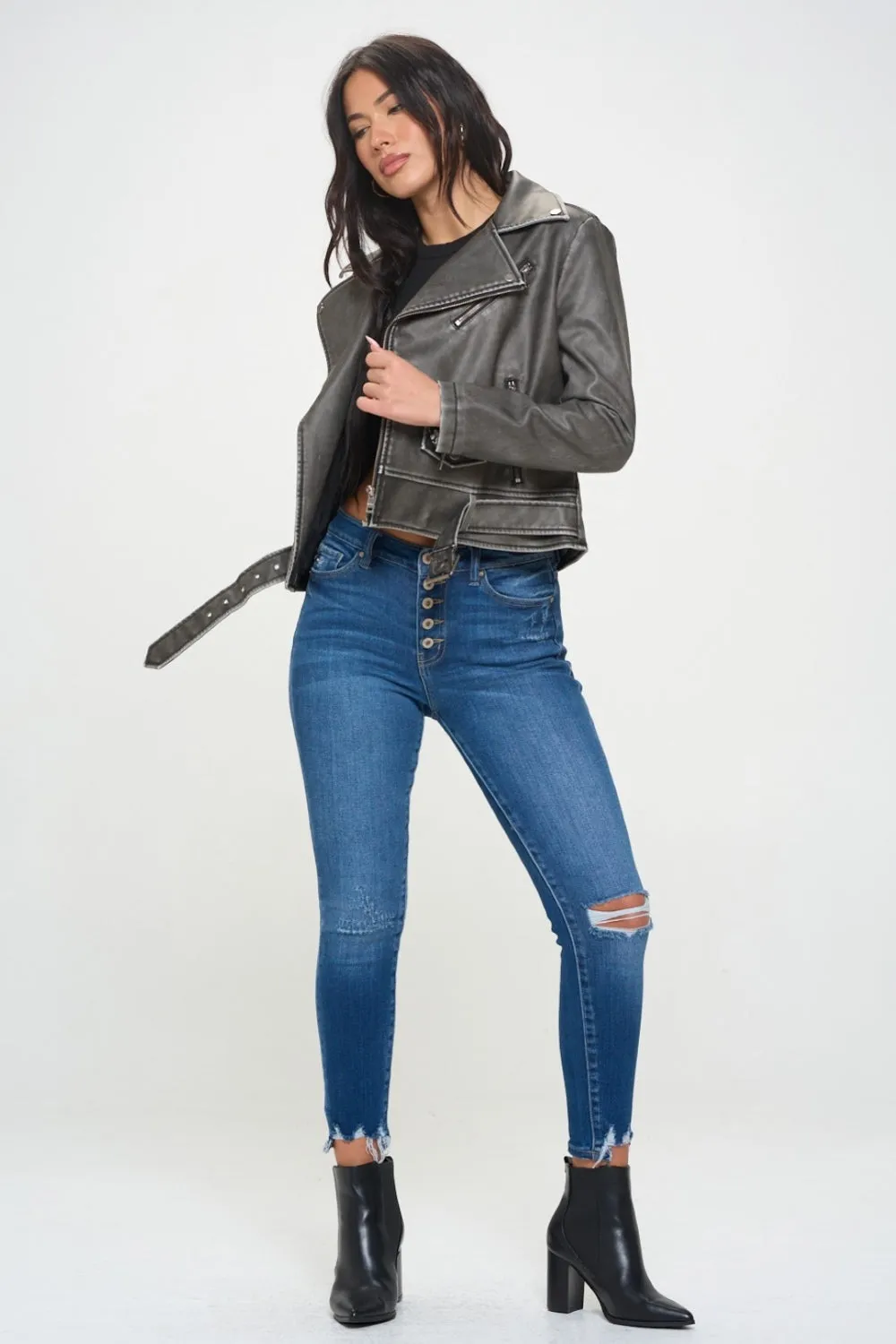 Hazel Blues® |  Coalition LA Zip Up Biker Jacket with Belt