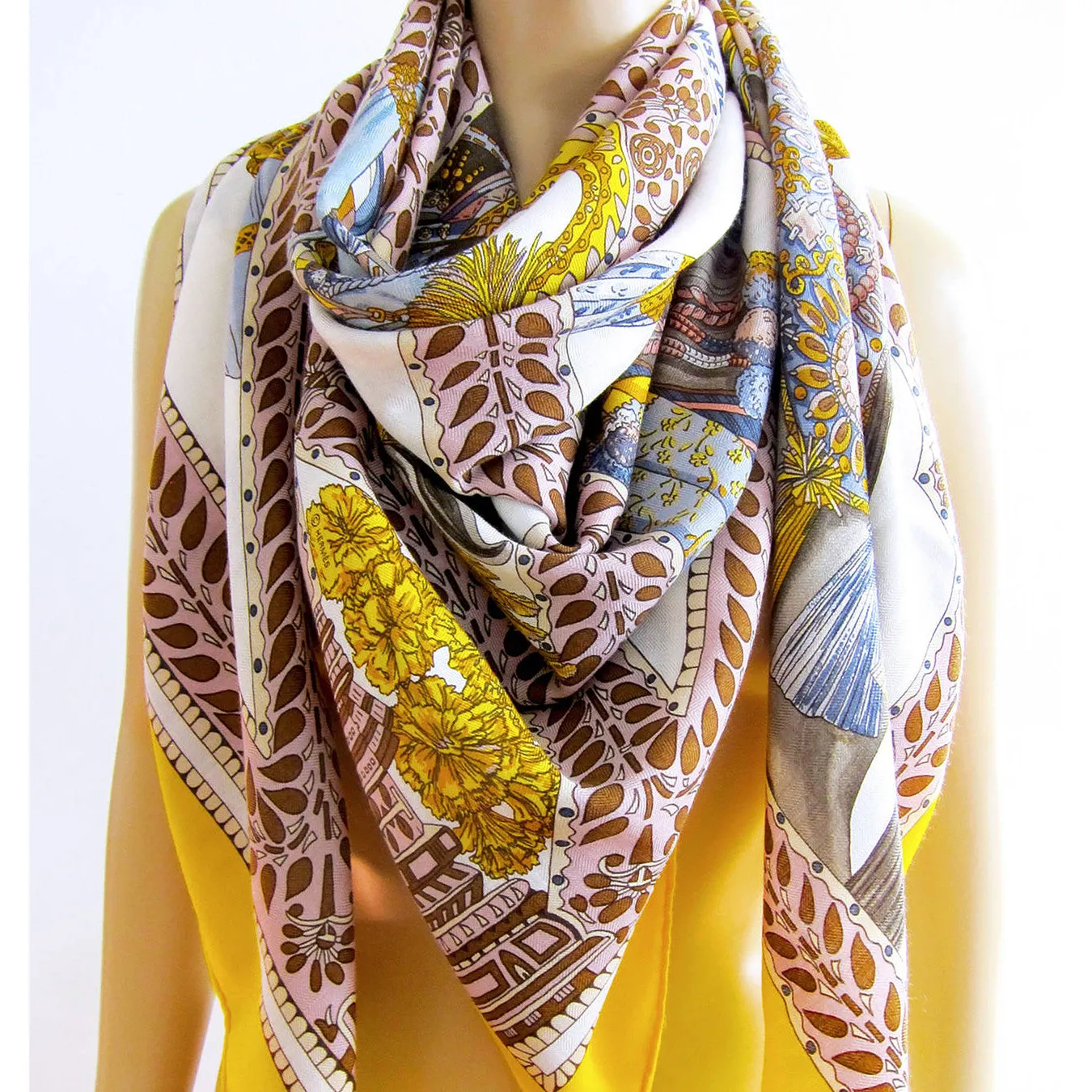 Hermes La Danse Du Cheval Marwari Cashmere Silk Shawl Jaune Vif Rare Coloration