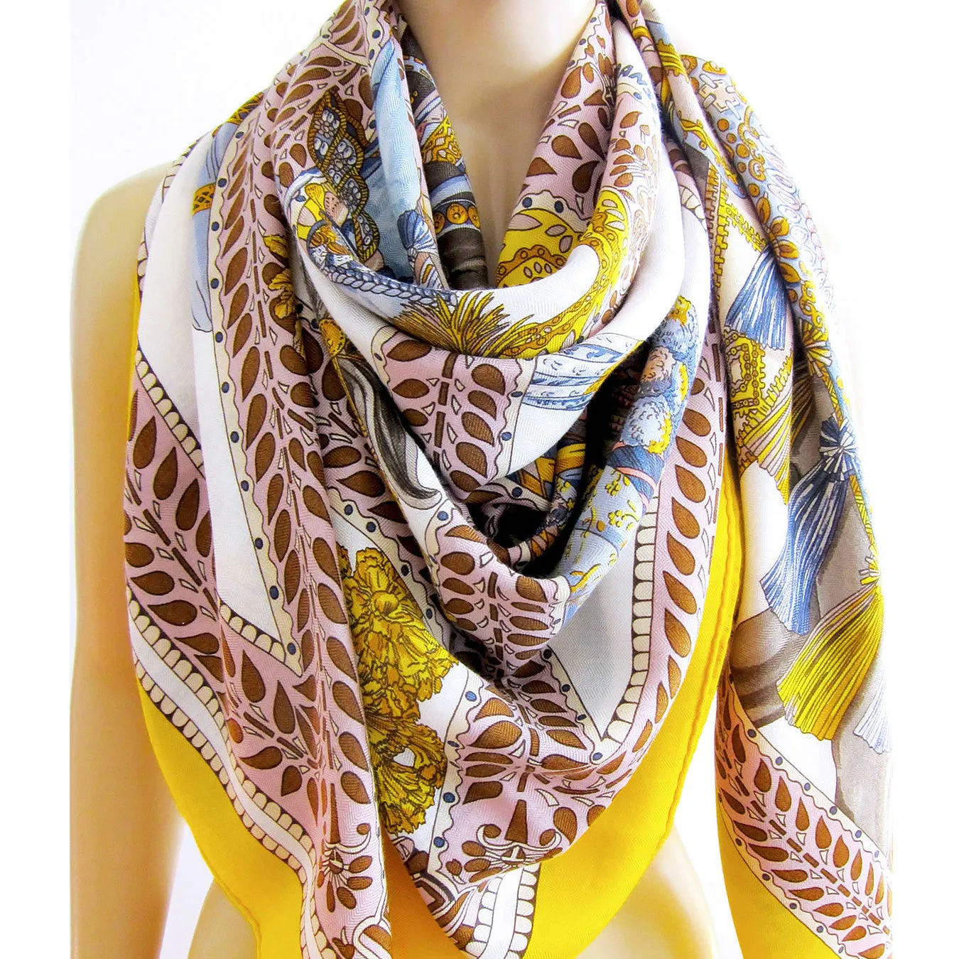 Hermes La Danse Du Cheval Marwari Cashmere Silk Shawl Jaune Vif Rare Coloration