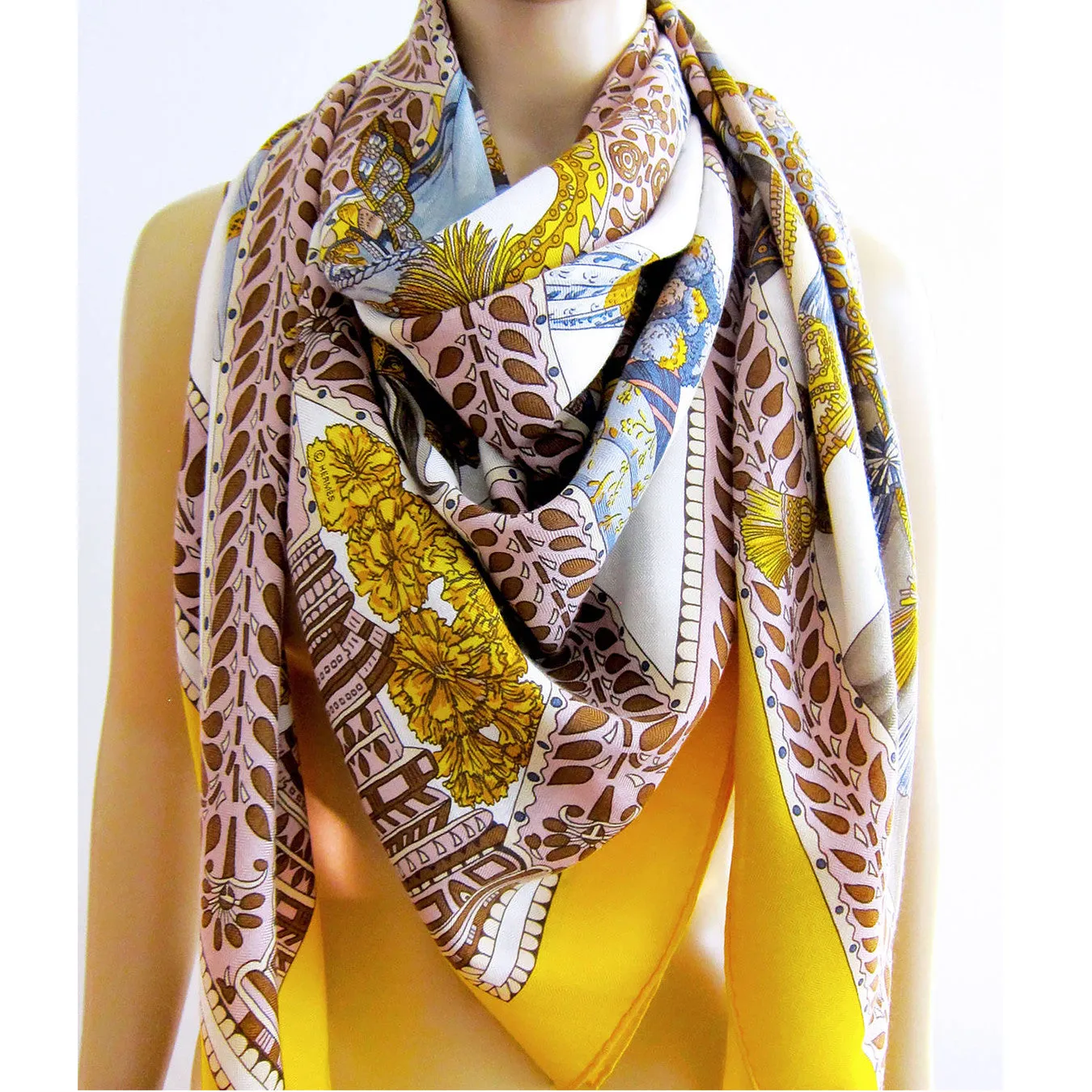 Hermes La Danse Du Cheval Marwari Cashmere Silk Shawl Jaune Vif Rare Coloration