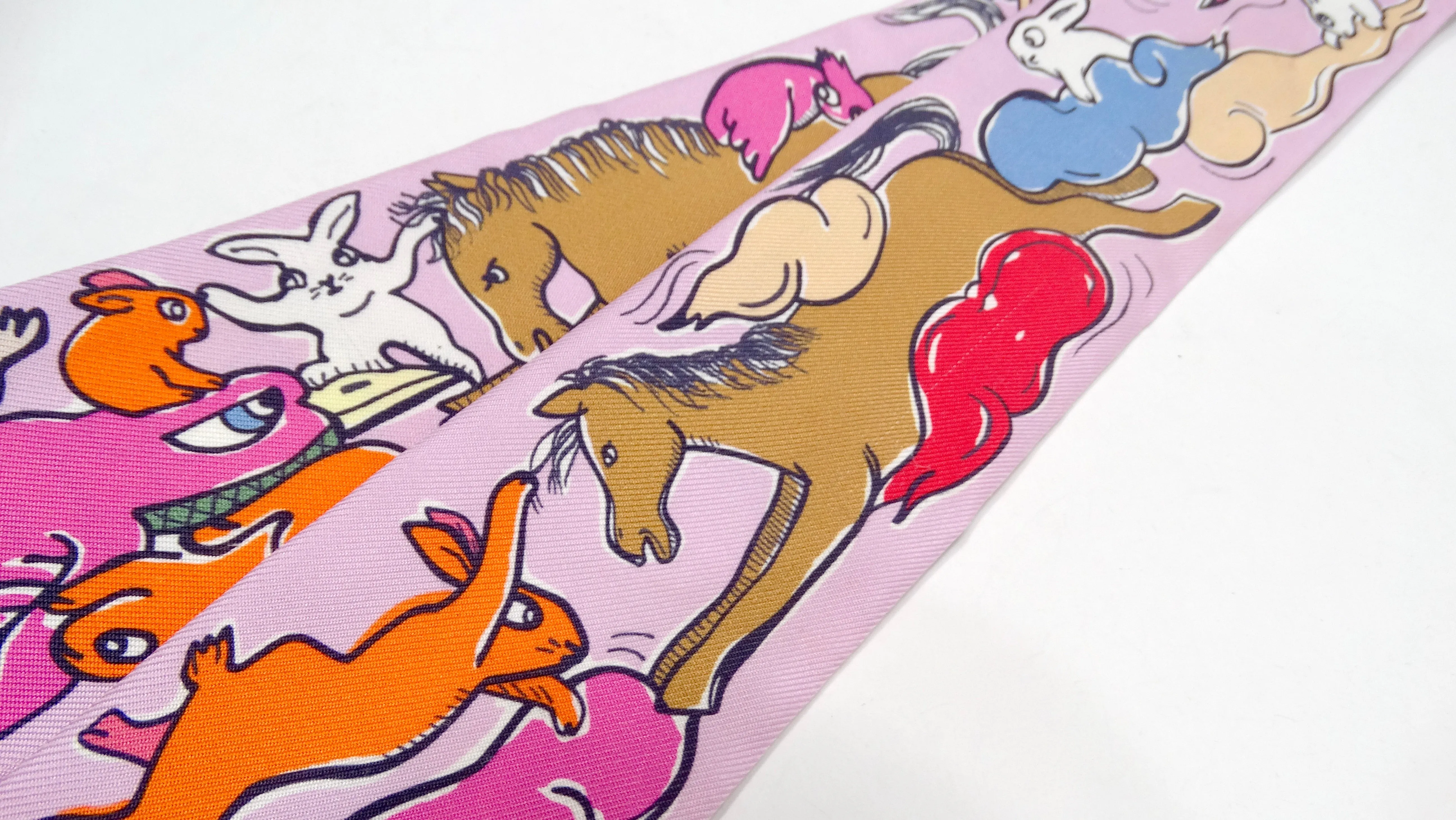 Hermes "Mille Et Un Lapins" Animal Cartoon Print Silk Twilly