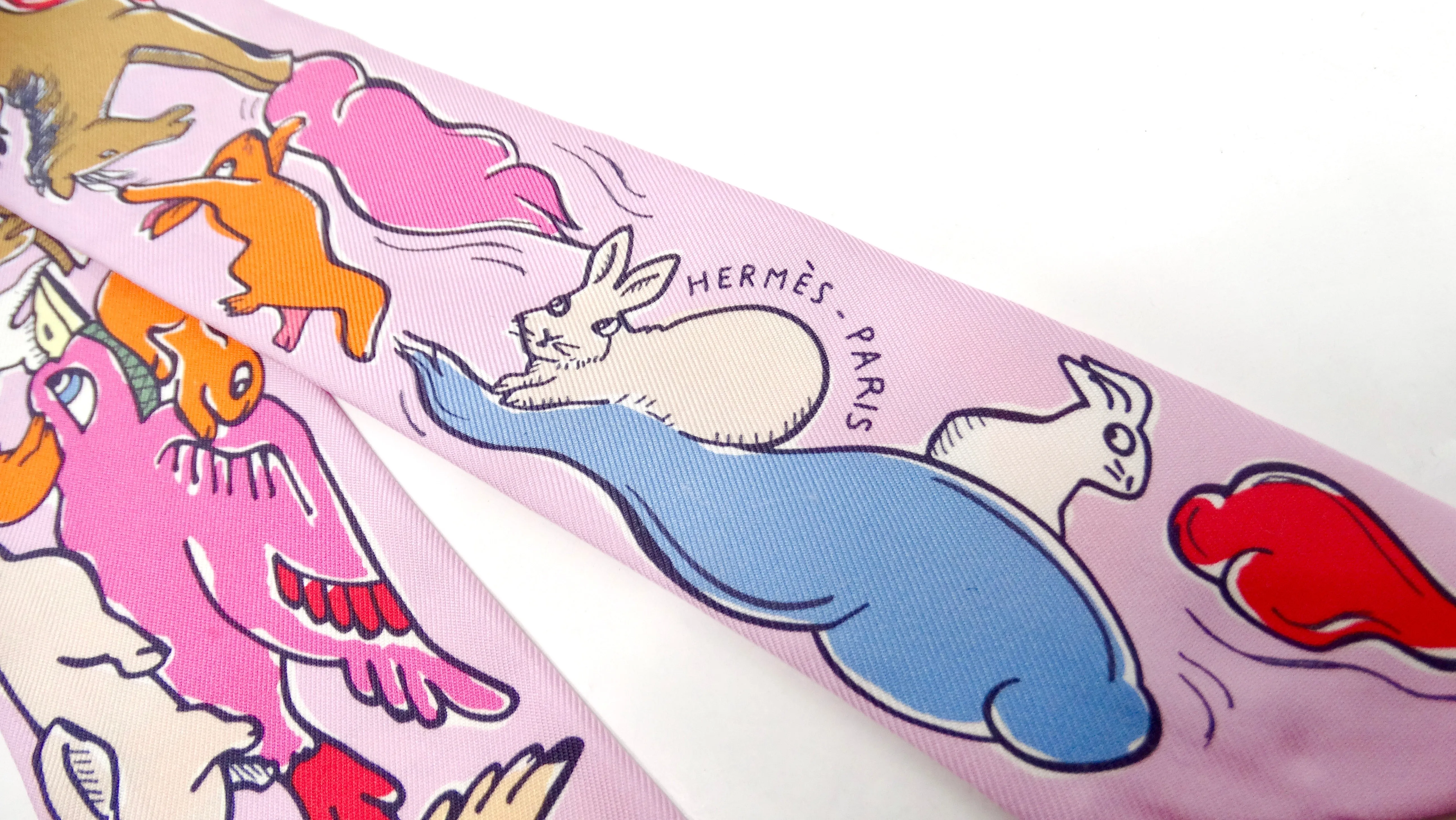 Hermes "Mille Et Un Lapins" Animal Cartoon Print Silk Twilly