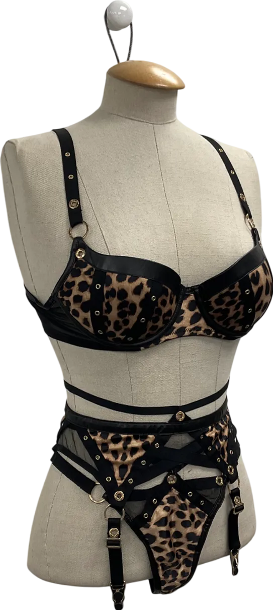 Honey Birdette Black Animal Print Padded Bra And Suspender Set UK 34B