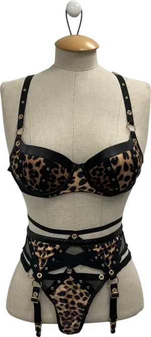 Honey Birdette Black Animal Print Padded Bra And Suspender Set UK 34B