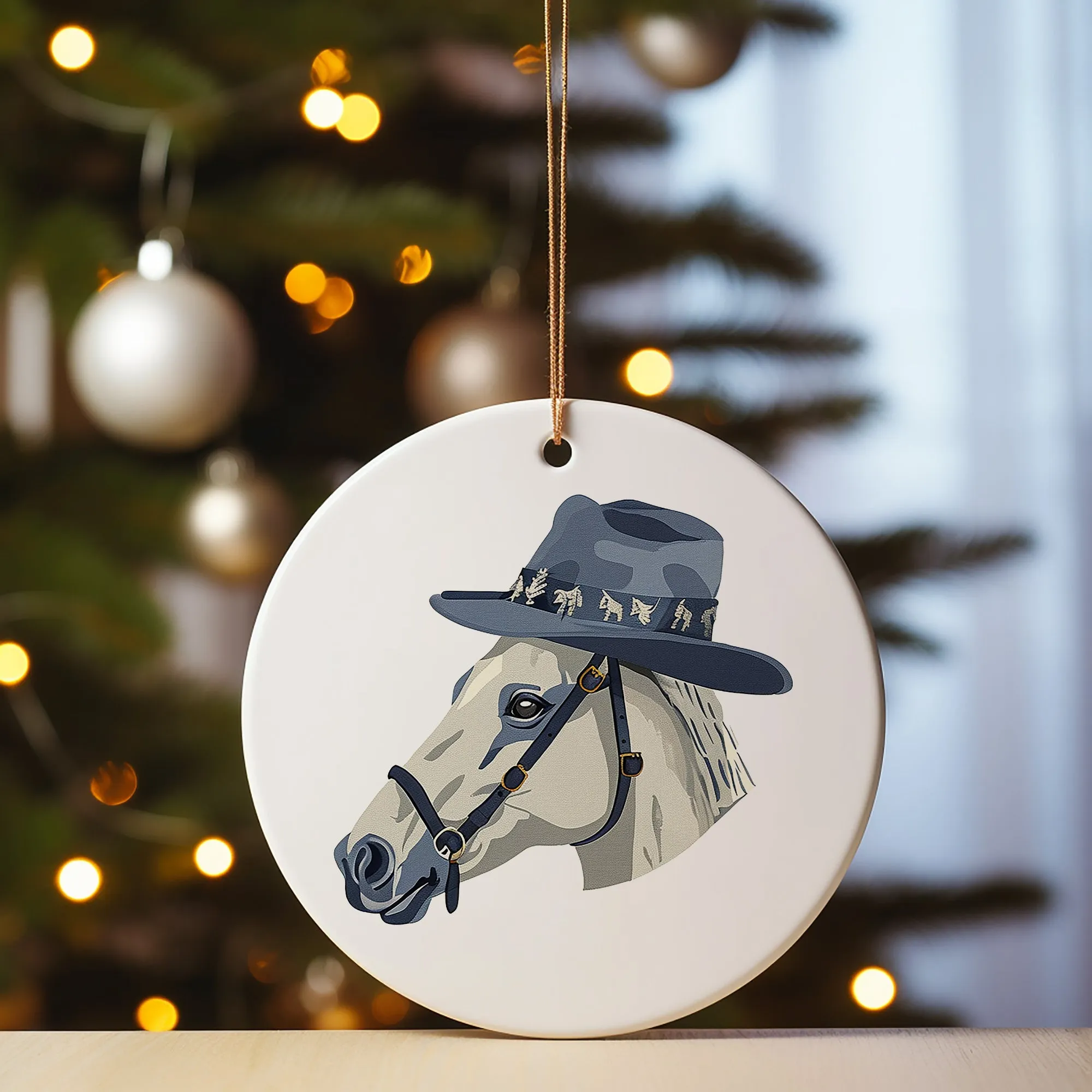 Horse Ornament - Dapper white horse in a fancy blue cowboy hat, perfect for adding a whimsical touch to your Christmas tree decor gift!