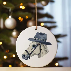 Horse Ornament - Dapper white horse in a fancy blue cowboy hat, perfect for adding a whimsical touch to your Christmas tree decor gift!