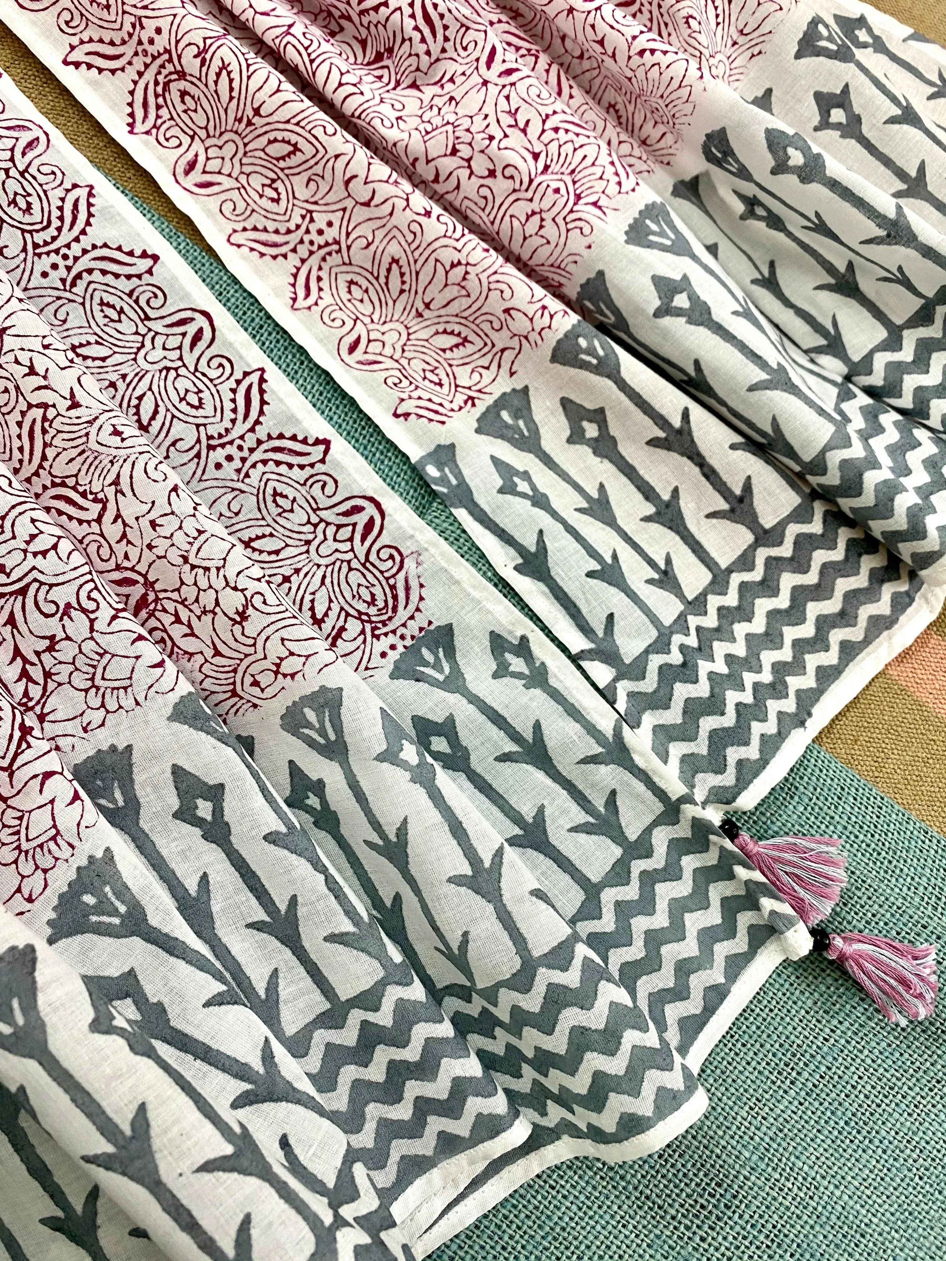 Inky Pinky Kalamkari Block Printed Voile Cotton Scarf