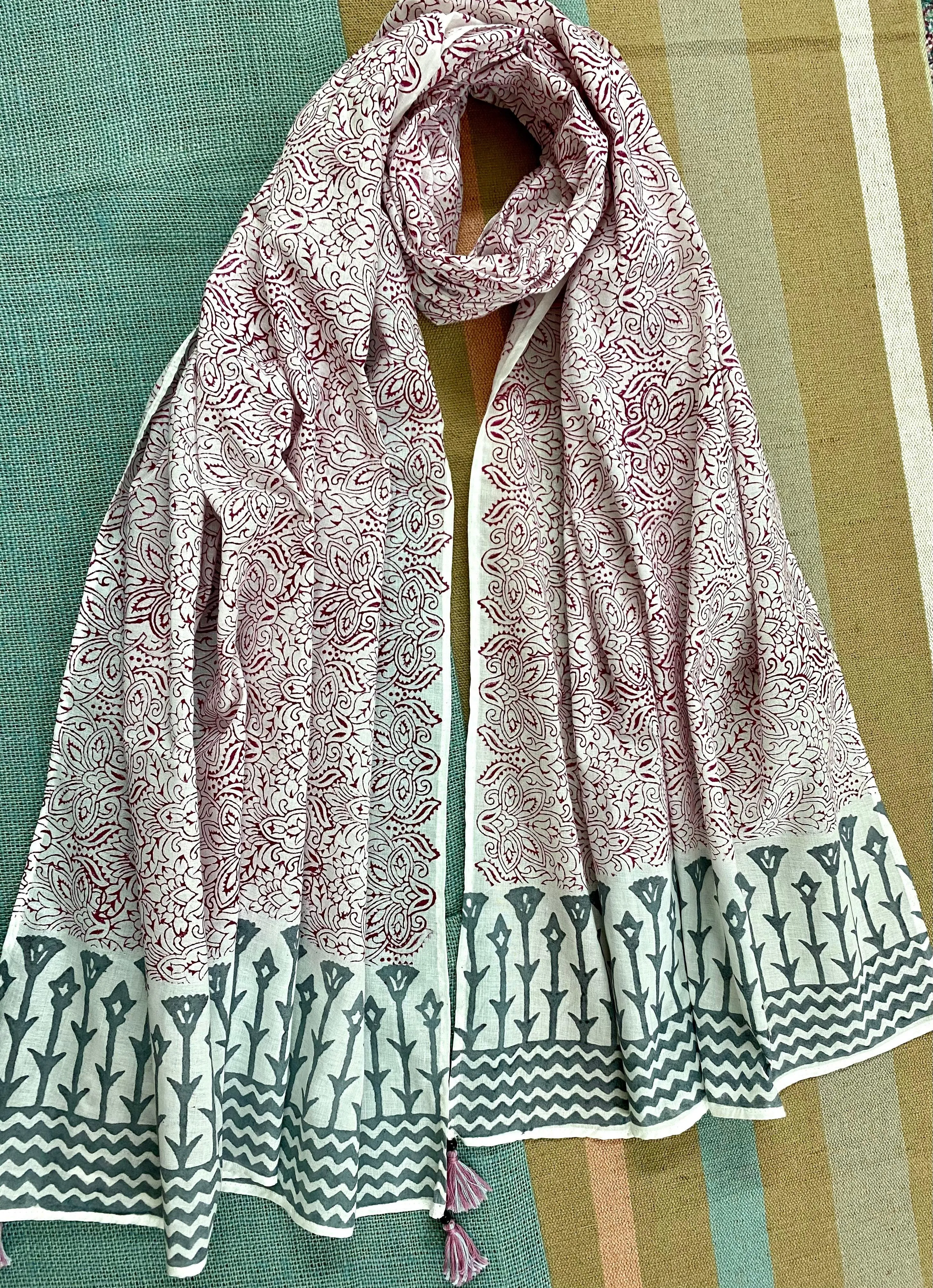 Inky Pinky Kalamkari Block Printed Voile Cotton Scarf
