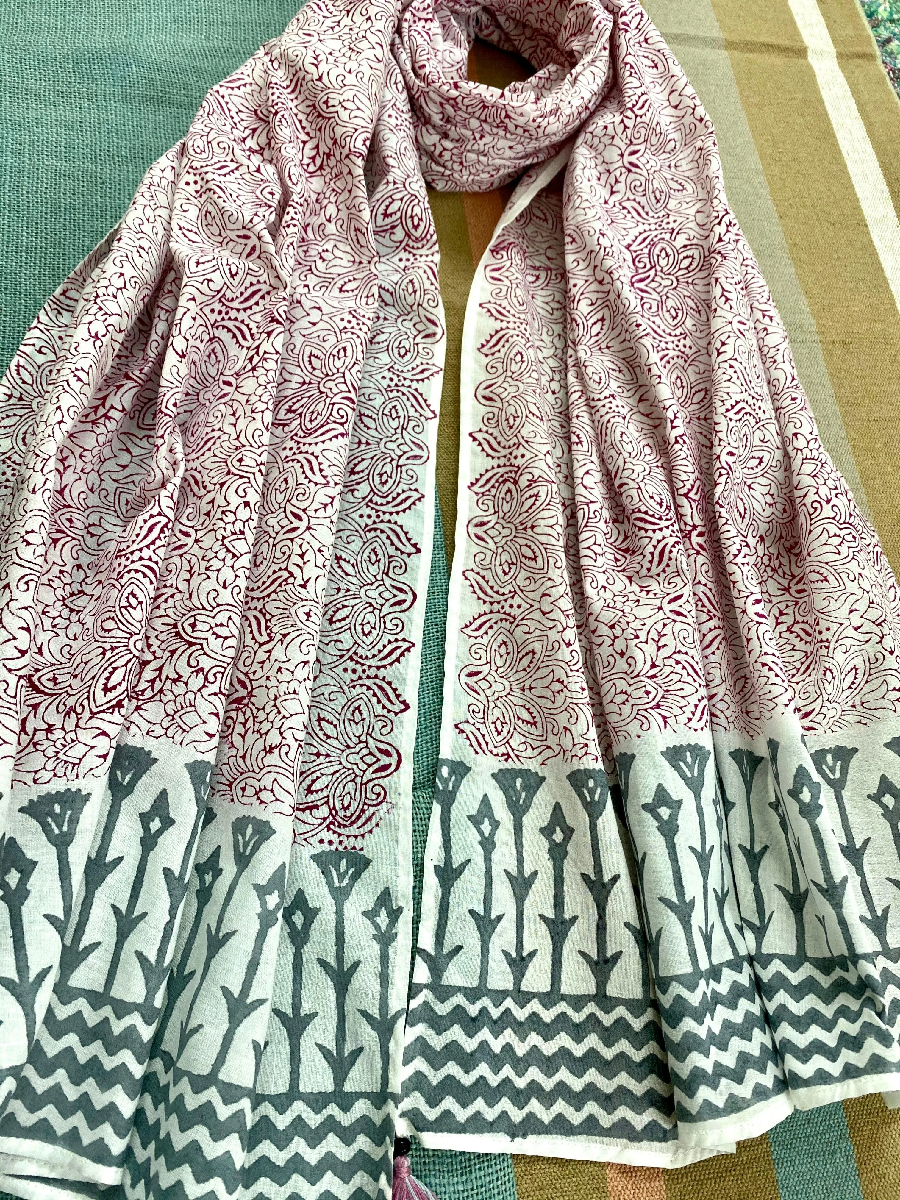 Inky Pinky Kalamkari Block Printed Voile Cotton Scarf