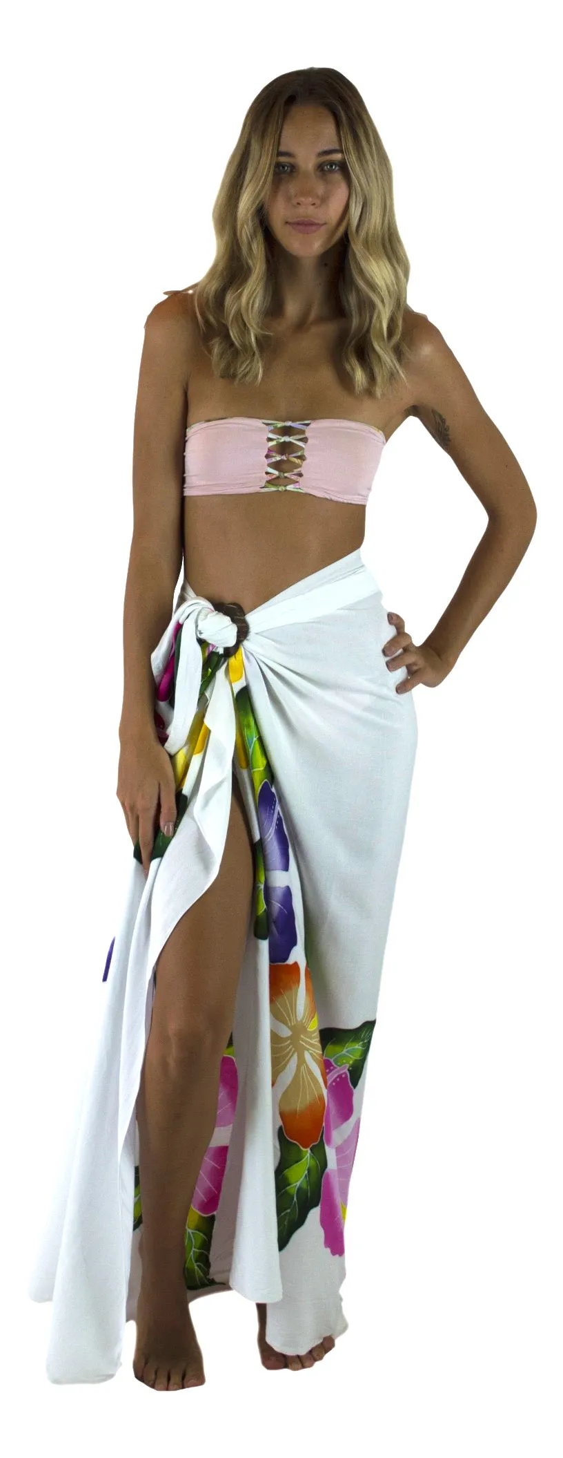 Island Style - Hand-Painted Batik Sarong - Full-Size (48" x 72") - Hibiscus Lei - White