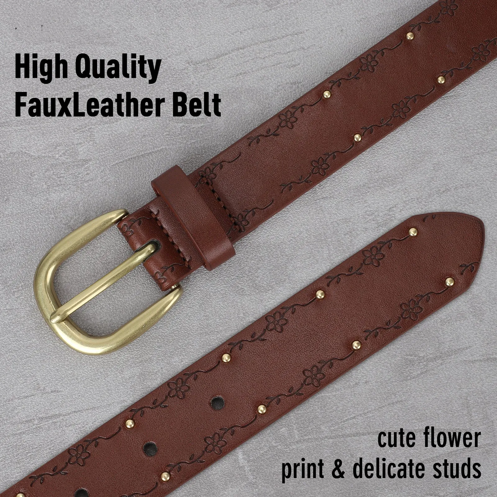JASGOOD 1 Pack Brown Studded Flower Engrave Faux Leather Gold Buckle Waist Belt For Women