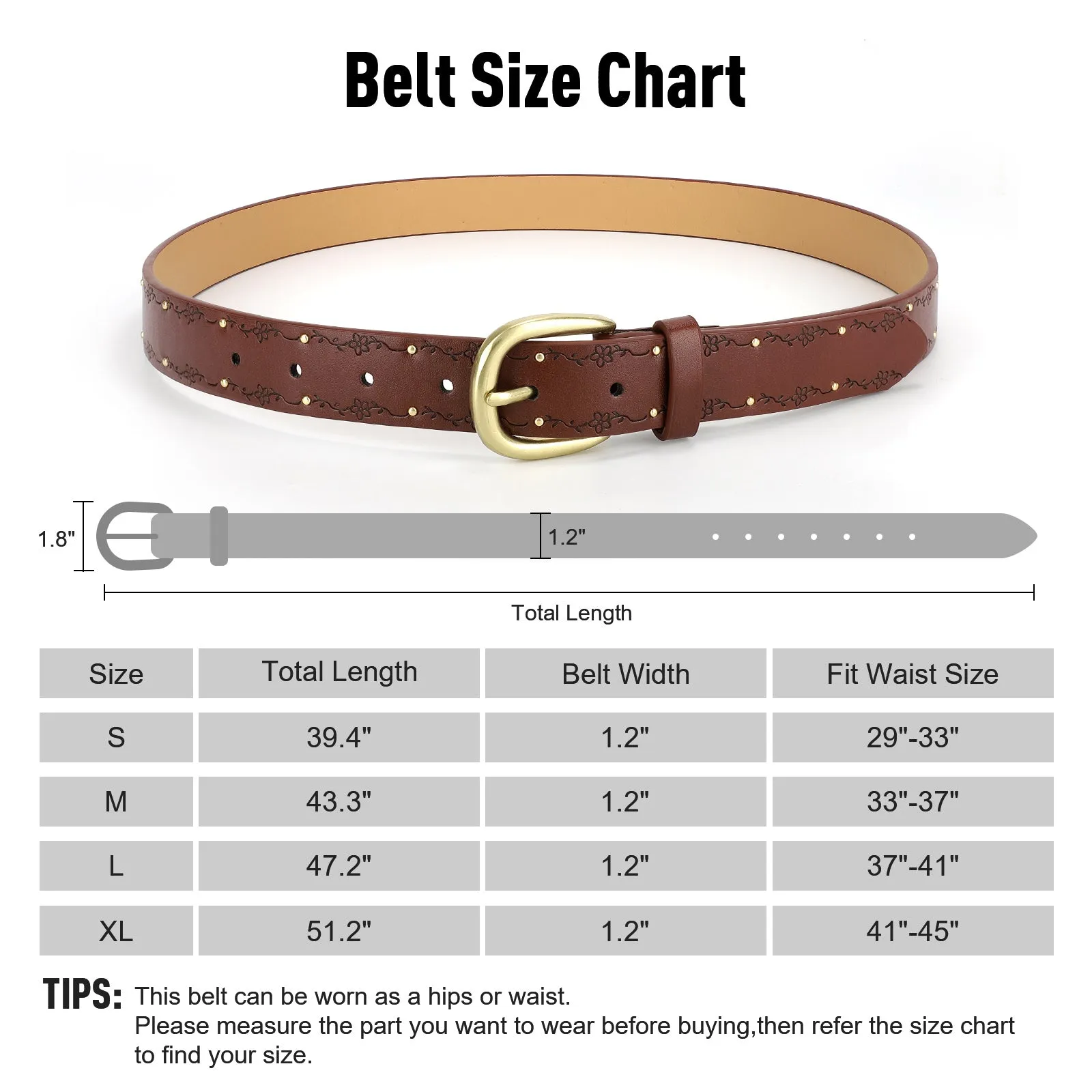 JASGOOD 1 Pack Brown Studded Flower Engrave Faux Leather Gold Buckle Waist Belt For Women