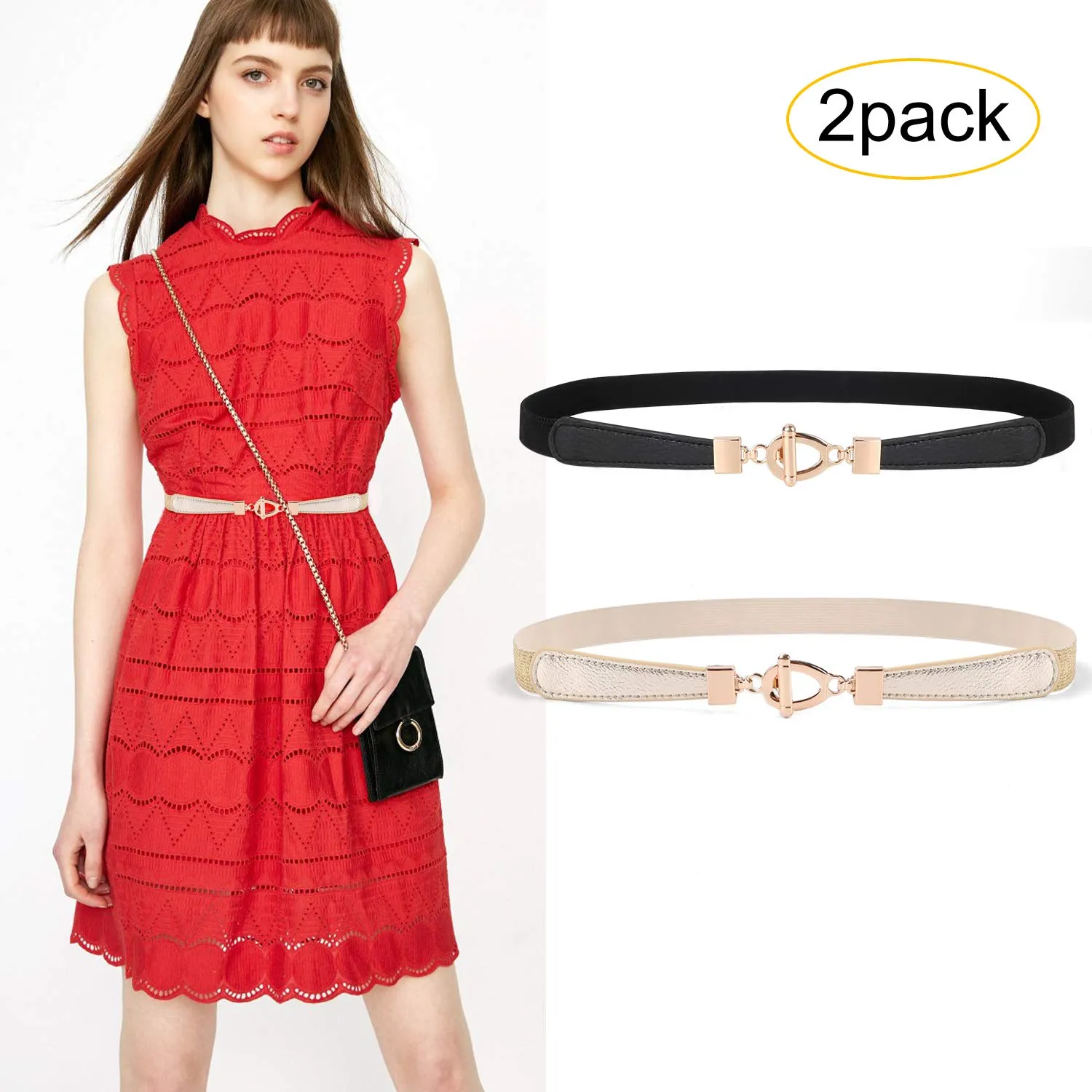 JASGOOD 2pcs Skinny Women Thin Waist Leather Belts With Golden Buckle For Dresses
