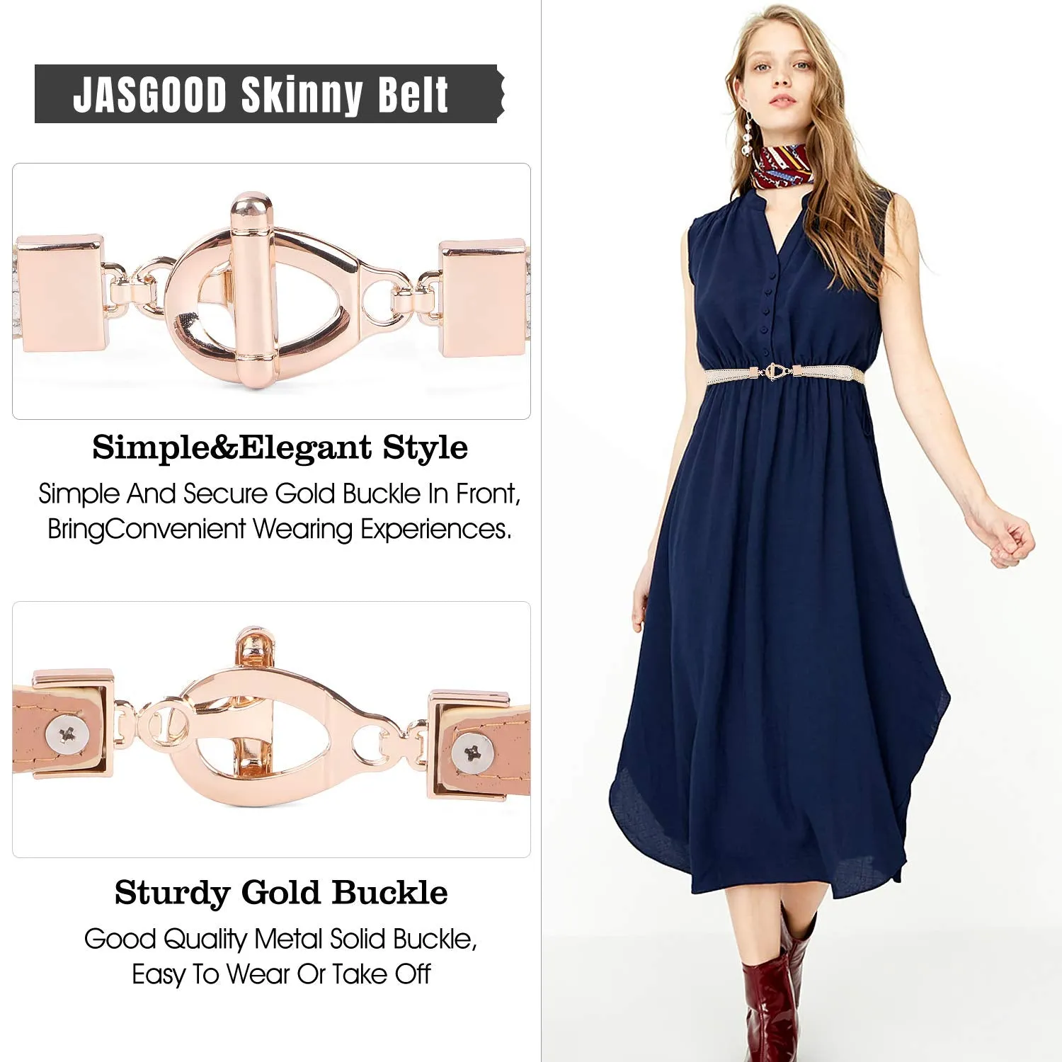 JASGOOD 2pcs Skinny Women Thin Waist Leather Belts With Golden Buckle For Dresses