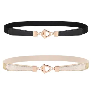 JASGOOD 2pcs Skinny Women Thin Waist Leather Belts With Golden Buckle For Dresses