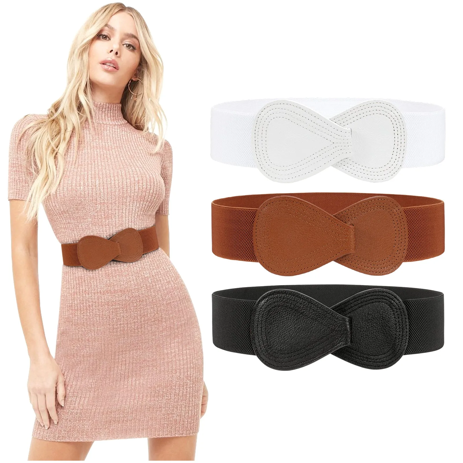 JASGOOD Women Stretchy Belt for Dresses Vintage Elastic Wide Waist Belt