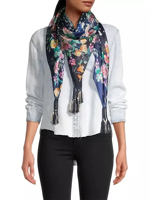 Johnny Was Bursting Scarf Navy Blue Floral Silk Square Large Women Tassel NEW