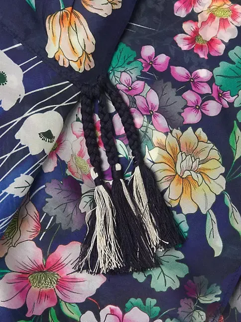 Johnny Was Bursting Scarf Navy Blue Floral Silk Square Large Women Tassel NEW
