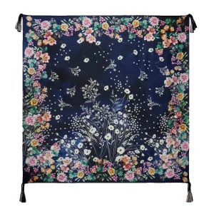 Johnny Was Bursting Scarf Navy Blue Floral Silk Square Large Women Tassel NEW