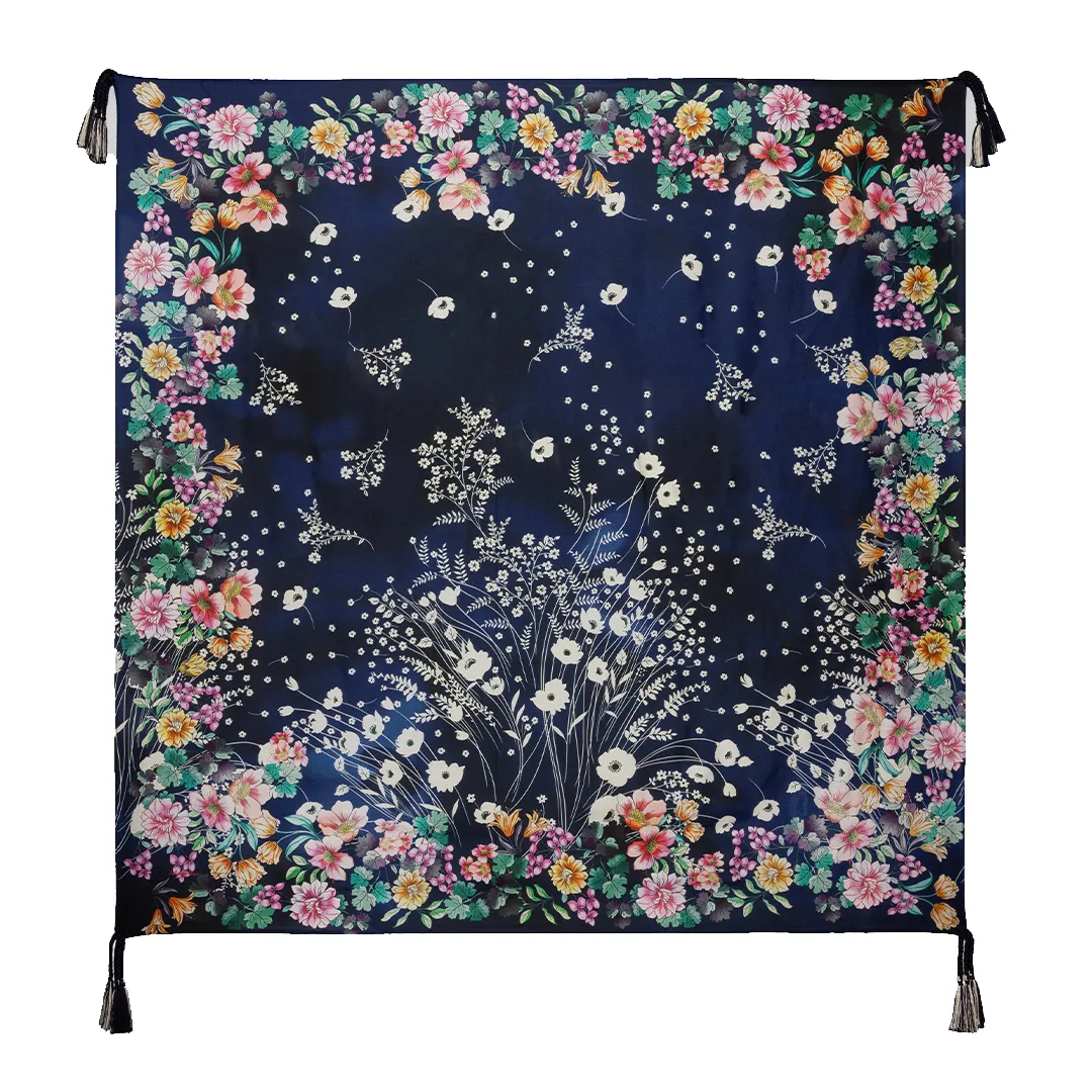 Johnny Was Bursting Scarf Navy Blue Floral Silk Square Large Women Tassel NEW