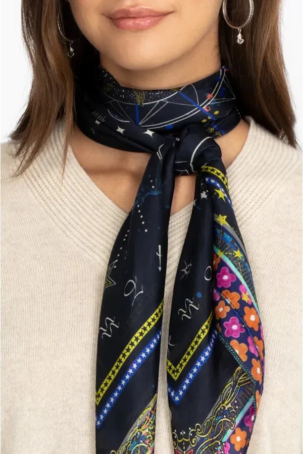Johnny Was Celestine Silk Scarf Floral Black Tassels Sun Stars Square Large NEW