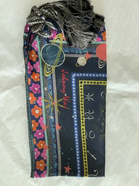 Johnny Was Celestine Silk Scarf Floral Black Tassels Sun Stars Square Large NEW