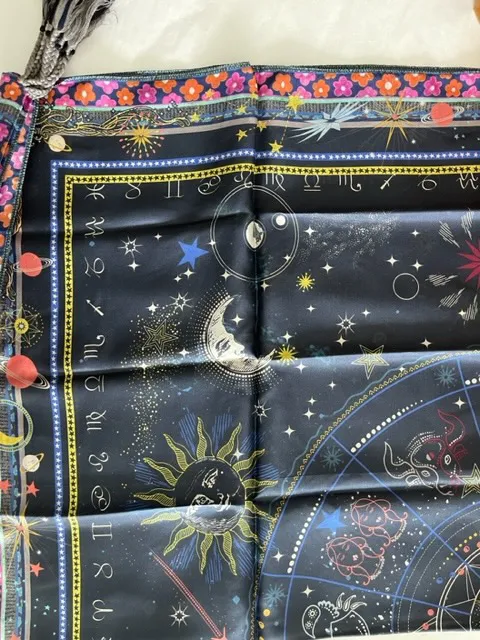 Johnny Was Celestine Silk Scarf Floral Black Tassels Sun Stars Square Large NEW