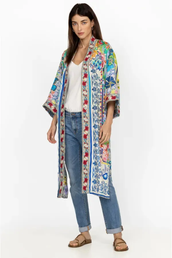 Johnny Was Cozumel Eliza Kimono Reversible Red Flowers Silk Blue Floral Coat New