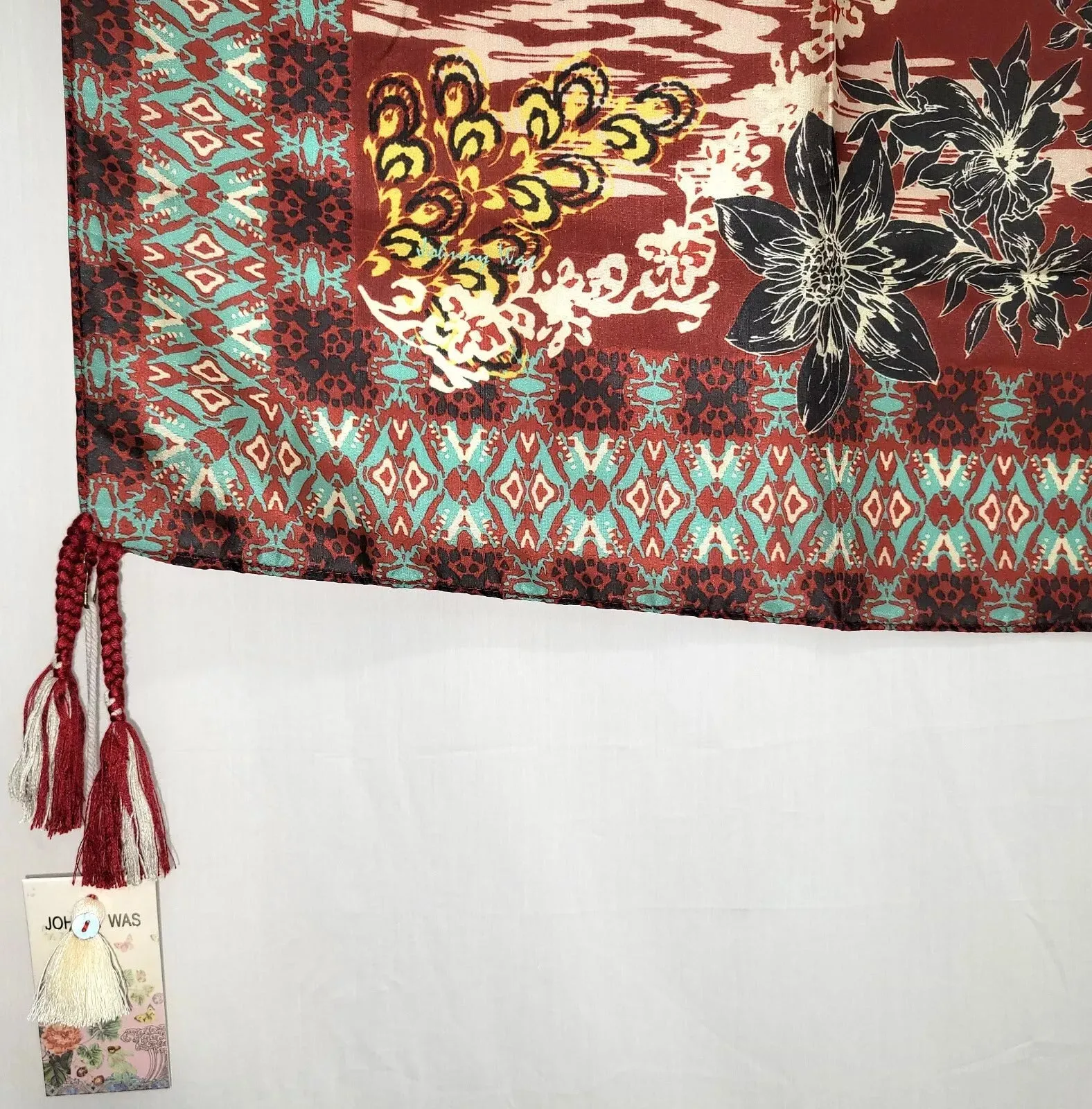 Johnny Was Ikat Patch Scarf Floral Silk Red Large Square Scarves Tassel Red New