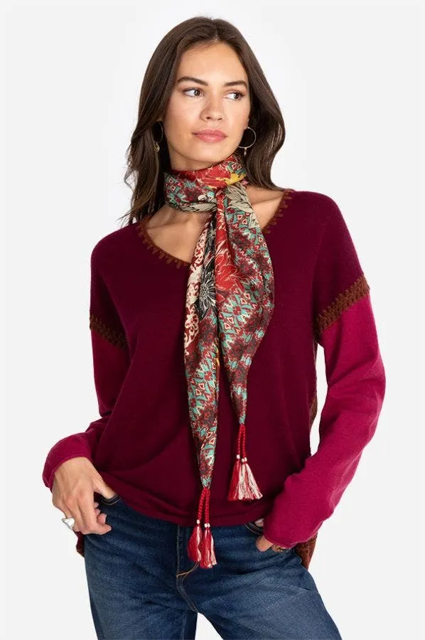Johnny Was Ikat Patch Scarf Floral Silk Red Large Square Scarves Tassel Red New