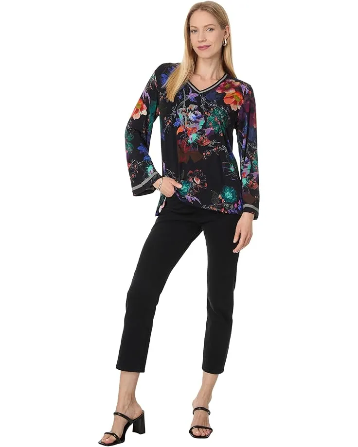 Johnny Was Janie Favorite V Kimono Midnight Tee Swing Floral Shirt Black Top NEW