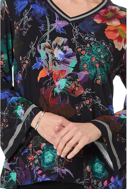 Johnny Was Janie Favorite V Kimono Midnight Tee Swing Floral Shirt Black Top NEW