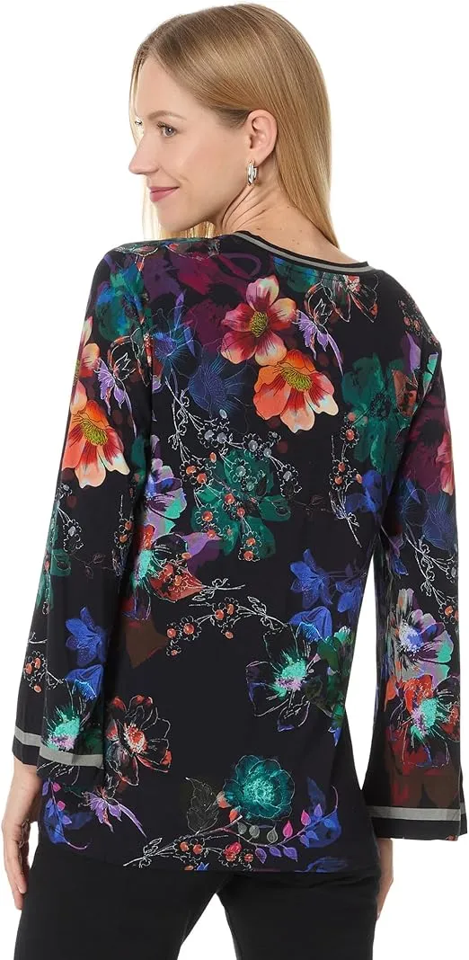 Johnny Was Janie Favorite V Kimono Midnight Tee Swing Floral Shirt Black Top NEW