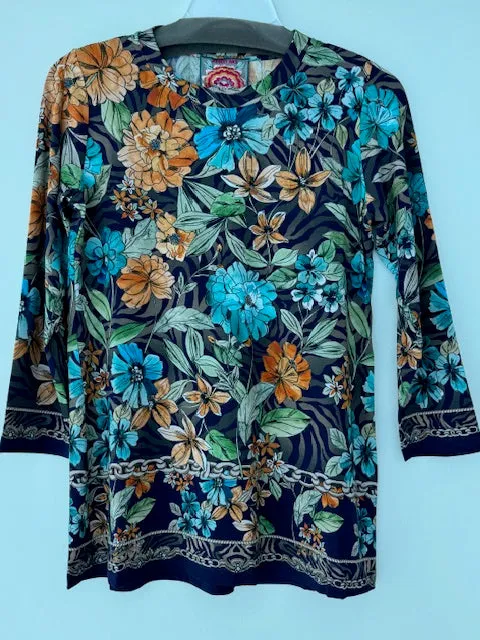 Johnny Was Lona Janie Favorite 3/4 Sleeve Crew Tee Floral Shirt Purple Top NEW