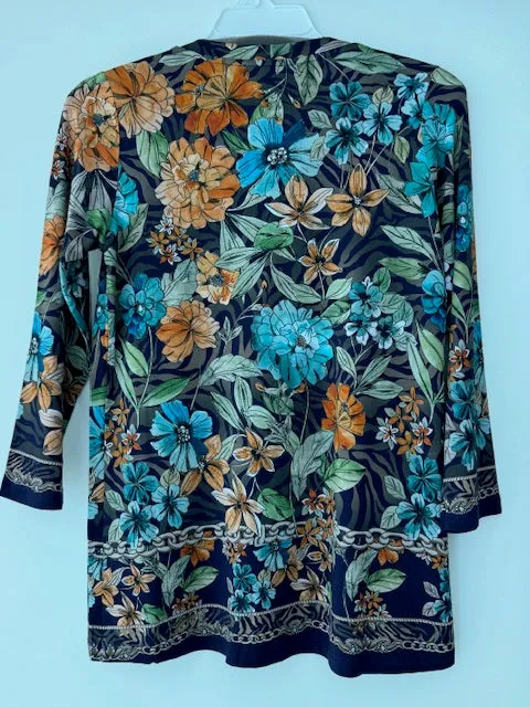 Johnny Was Lona Janie Favorite 3/4 Sleeve Crew Tee Floral Shirt Purple Top NEW