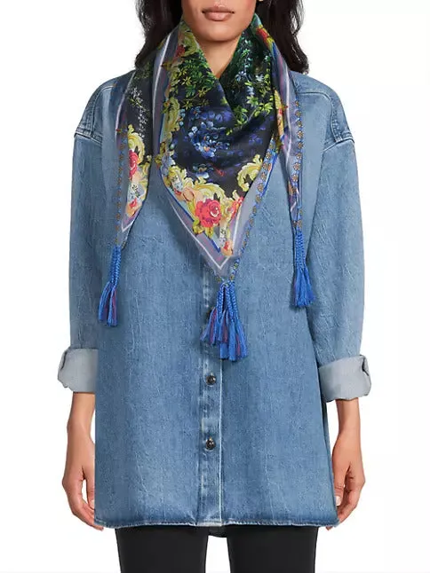 Johnny Was Magic Garden Silk Scarf Flowers Square Large Floral Tassels Navy Blue NEW