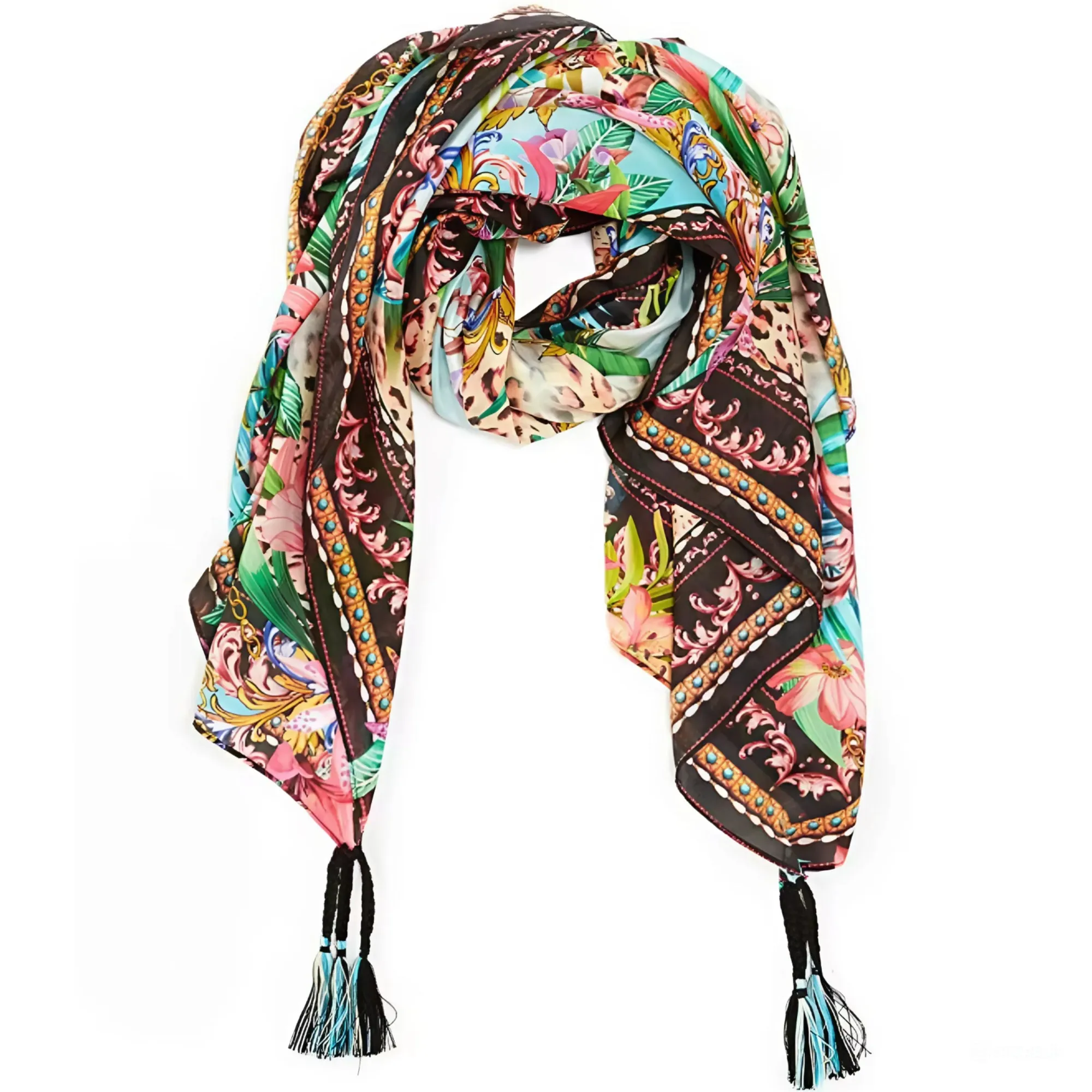 Johnny Was Miller Tigre Scarf Silk White Floral Tassel Scarves Square Large New
