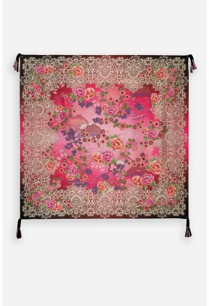 Johnny Was Pink Lace Silk Scarf Square Large Bold Floral Black Flower Tassels NW