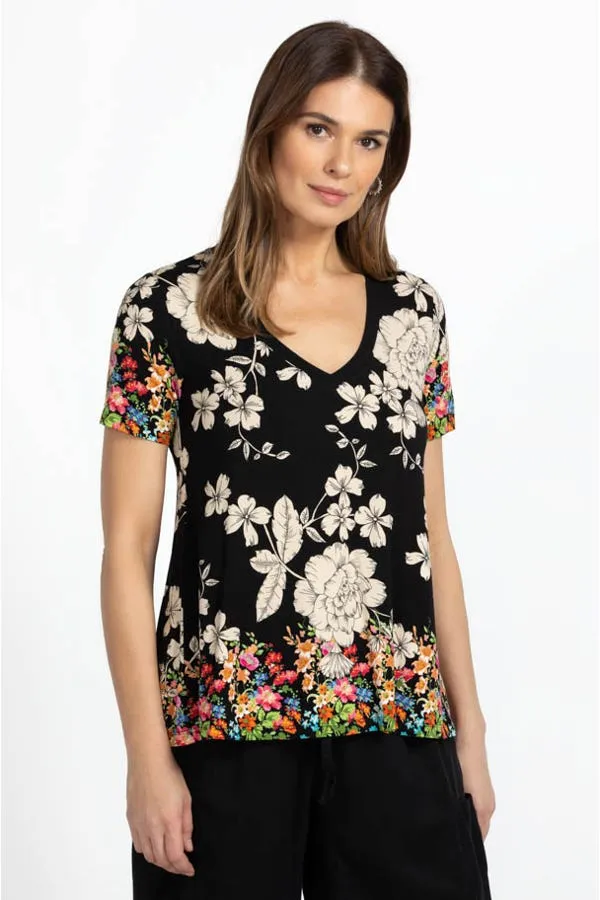 Johnny Was Redland Favorite Short Sleeve Floral V Neck Swing Tee Special Shirt Black New