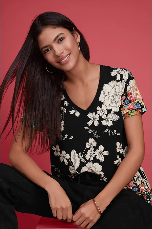 Johnny Was Redland Favorite Short Sleeve Floral V Neck Swing Tee Special Shirt Black New
