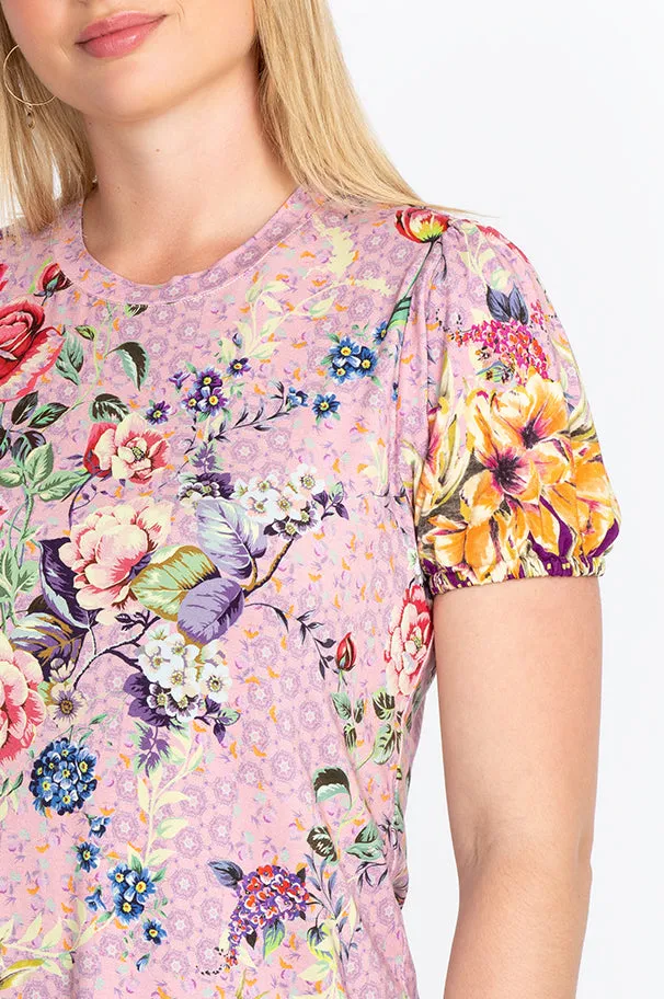 Johnny Was Topiary Puff Sleeve Floral Pink Violet Shirt Top Flower Knit Tee New