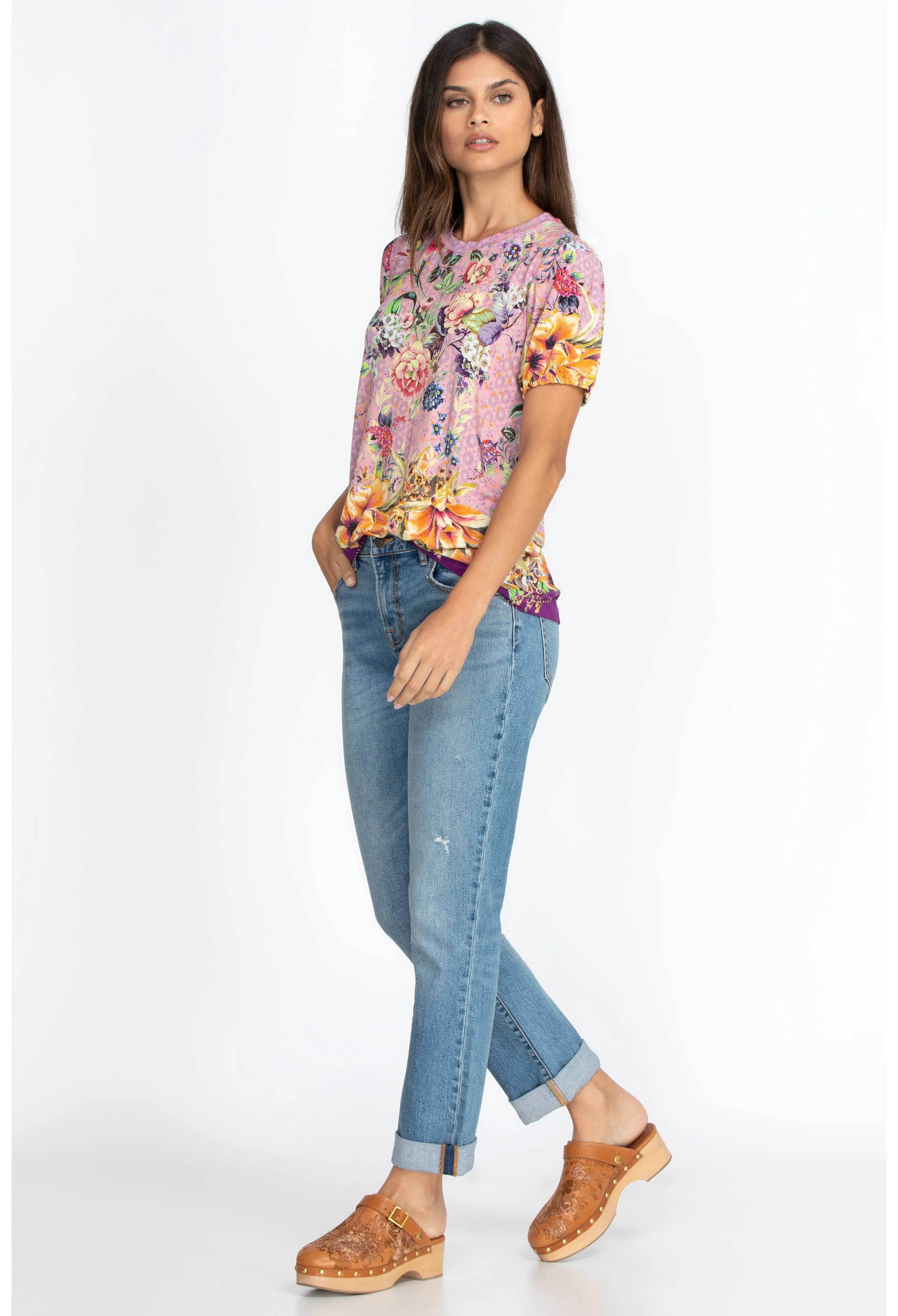 Johnny Was Topiary Puff Sleeve Floral Pink Violet Shirt Top Flower Knit Tee New