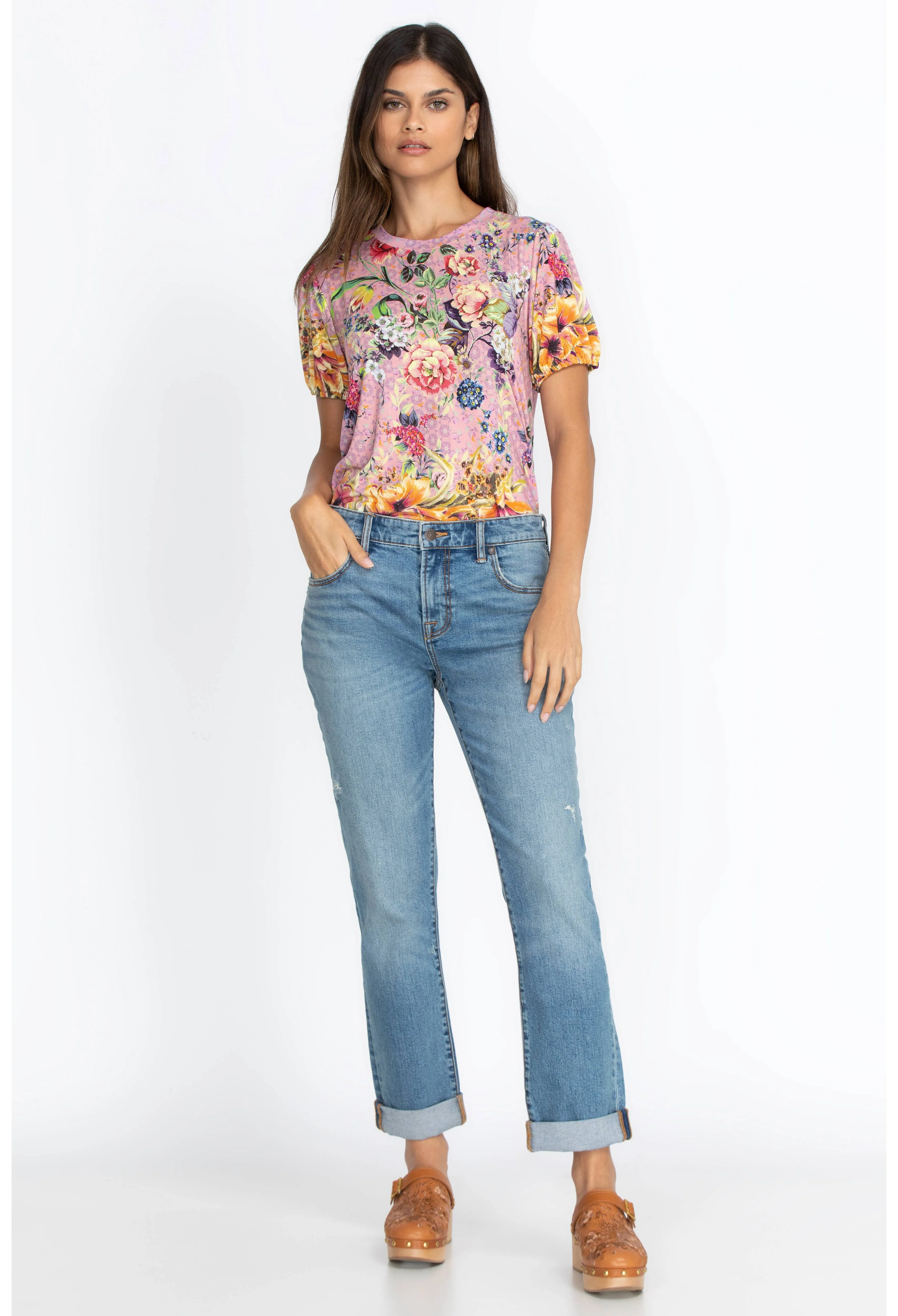 Johnny Was Topiary Puff Sleeve Floral Pink Violet Shirt Top Flower Knit Tee New