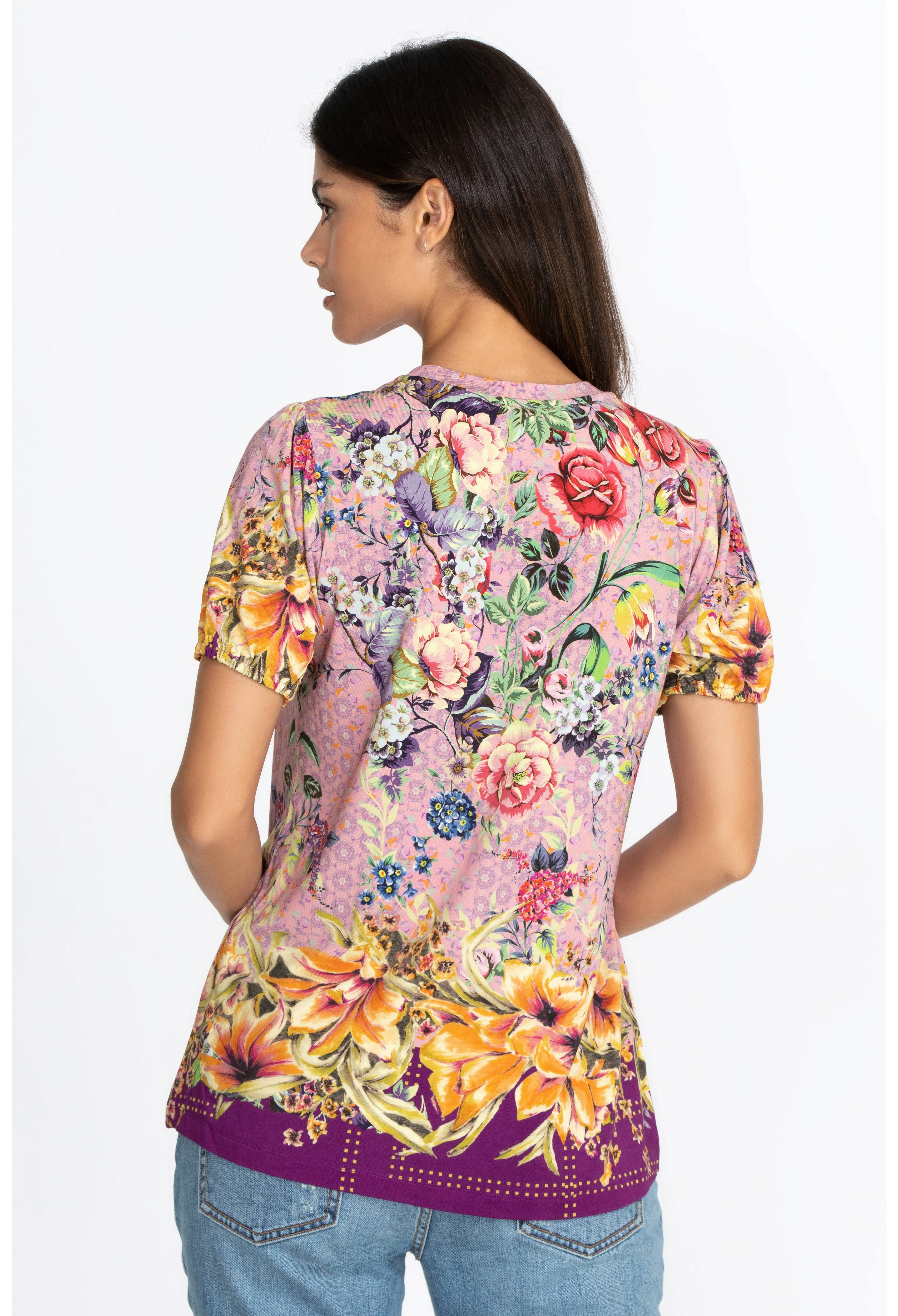 Johnny Was Topiary Puff Sleeve Floral Pink Violet Shirt Top Flower Knit Tee New