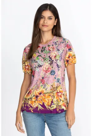 Johnny Was Topiary Puff Sleeve Floral Pink Violet Shirt Top Flower Knit Tee New
