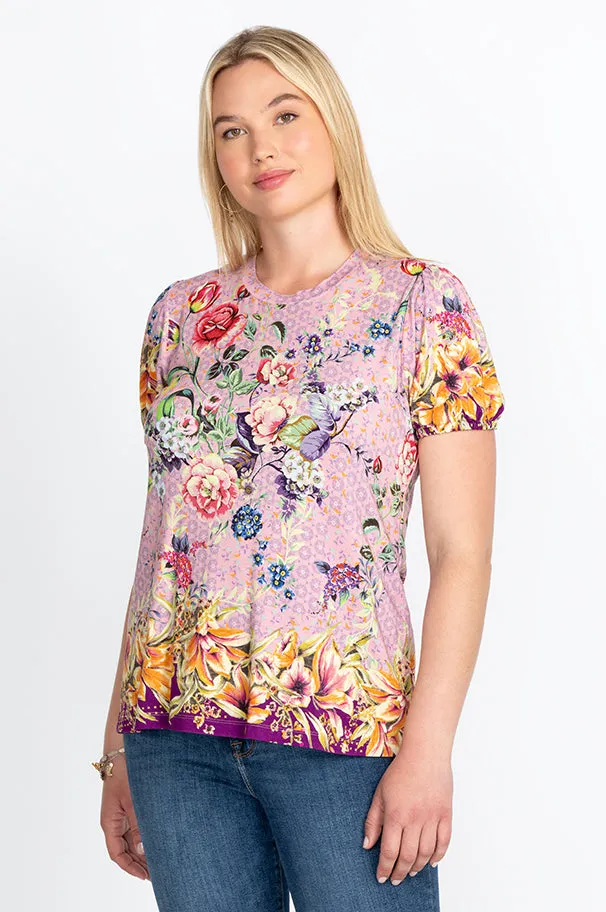 Johnny Was Topiary Puff Sleeve Floral Pink Violet Shirt Top Flower Knit Tee New