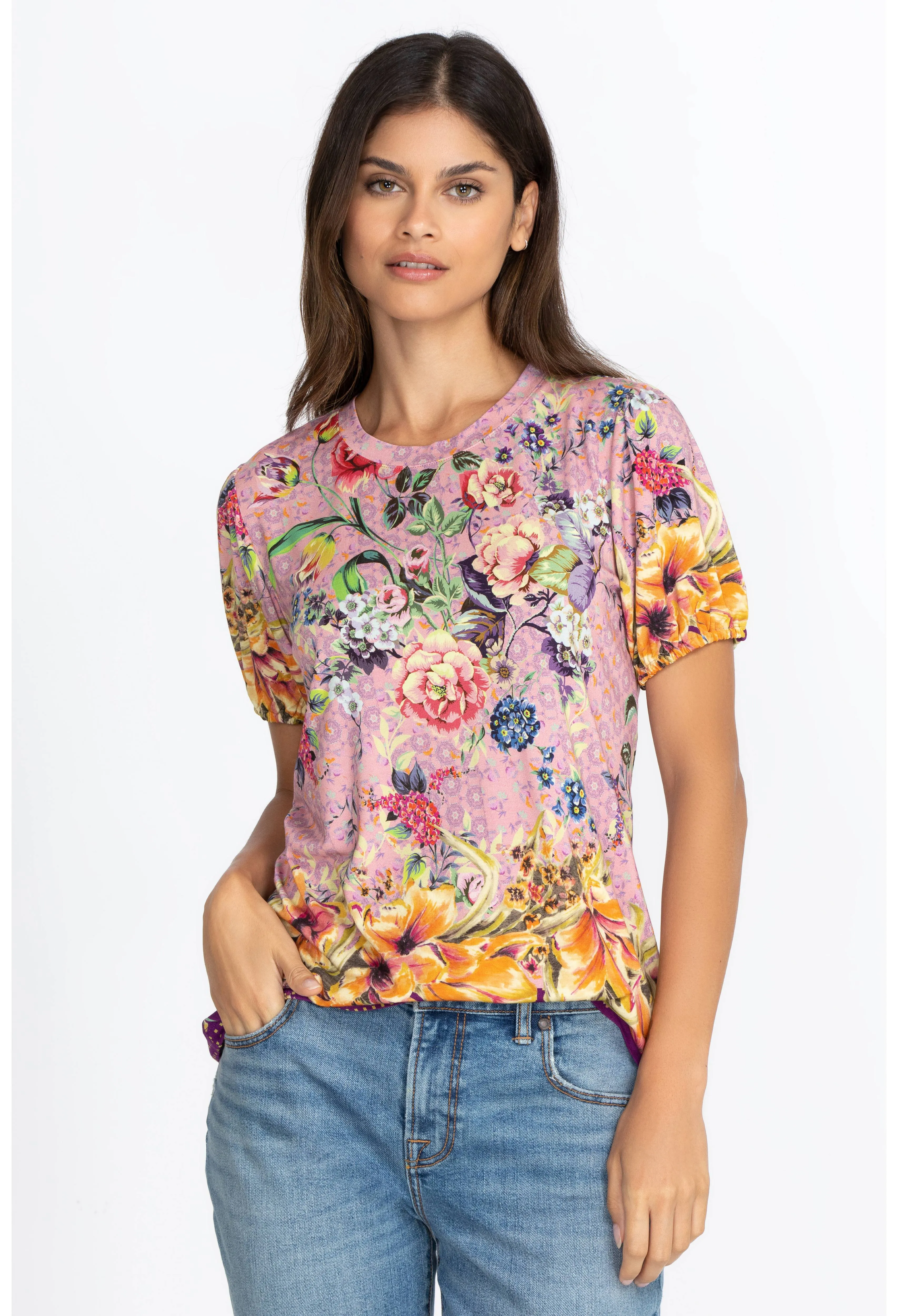 Johnny Was Topiary Puff Sleeve Floral Pink Violet Shirt Top Flower Knit Tee New